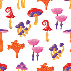 Cartoon mushrooms seamless pattern. Poisonous and edible mushroom, chanterelle, cep, amanita and truffle. Autumn forest fungi. Food plant, botanical design elements. Vector flat isolated on background