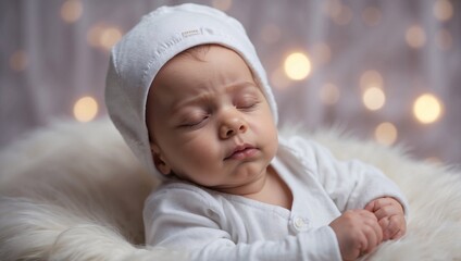 Bundle of joy. Sweet newborn in white lace bonnet lies on fluffy blanket, amidst soft bokeh background, epitomizing innocence, tenderness. Darling infant adorned rests. Sleeping newborn baby