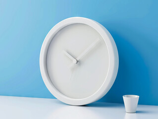 A white clock on a blue table.