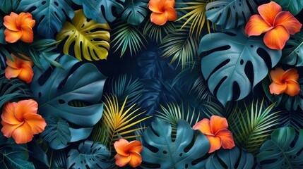 Beautiful tropical wallpaper with palm leaves juicy dark colorful