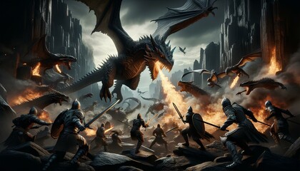 the images depicting armored warriors fighting giant dragons in a dark valley. The wide-angle view enhances the dramatic and intense atmosphere of the battle