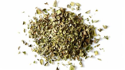 A top view of dried oregano scattered loosely, showcasing the small, crumbled pieces and their earthy color on a white background
