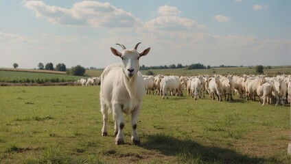 Obraz premium Goats stand out amidst grazing herd in open pasture of free-range goat farm. Their presence adds vibrancy to idyllic scene, where gentle rolling hills and lush greenery create picturesque backdrop