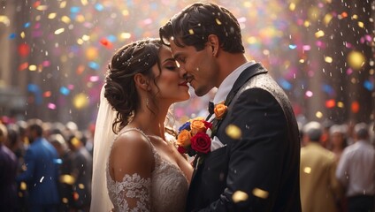 Gorgeous bride, dashing groom sway elegantly under shimmering rain of confetti at wedding. In a romantic atmosphere they share their first dance, a moment of pure joy and love. Wedding, confetti rain - Powered by Adobe