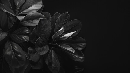 Black and white ficus leaves on a black background. Flat lay, top view..jpeg