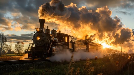 Beautiful historic steam train passing through countryside in the golden hour light, evoking nostalgia and the romance of rail travel