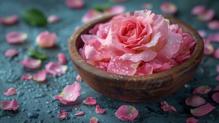 The treatment settings contain a pink rose on wood bowls, both top and side views.