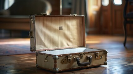 A modern open suitcase set in a cozy home environment, signifies preparation for a new journey or return from travel