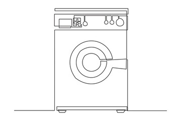 One continuous line drawing of washing machine. Electricity household gadget template concept. Trendy single line draw design vector graphic illustration