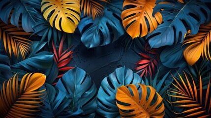 Beautiful tropical wallpaper with palm leaves juicy dark colorful