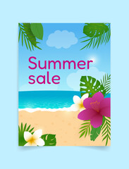 summer poster with hot discounts, poster with sea and beach