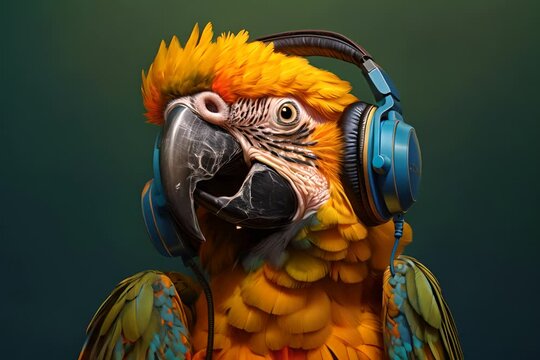 Parrot with headphones on a dark green background, the image focuses on vibrant colors and feather detail.