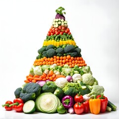 Various vegetables in shape of pyramid on white background.