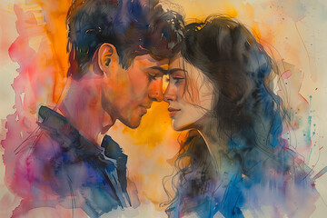 Abstract watercolor painting of a couple's silhouette in vibrant colors