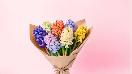 Colorful hyacinth bouquet wrapped in paper for present