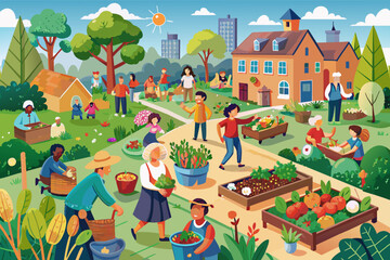 community engaging in gardening activities in a vibrant suburban setting with houses in the background. People of various ages and ethnicities are depicted planting, watering plants