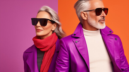 Portrait of stylish mature woman and man, modern trendy senior couple on colorful studio background