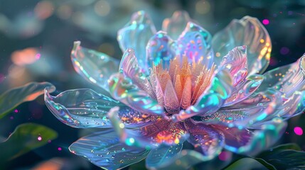 Iridescent fantasy flower. Multicolor mosaic decoration, three-dimensional, glossy effect. Beautiful illustration for poster, presentation, dreamy and fairy tale concept.