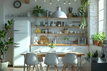 A kitchen with a white refrigerator, a wooden table with four chairs, and a potted plant