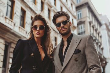 Portrait of stylish beautiful woman and man in suit in the city, modern young couple on city street
