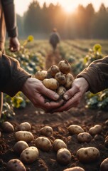 Hands with potatoes against field. Harvesting vegetables