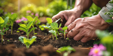 Fototapeta premium Hands nurturing young plants in a garden with sunlight filtering through