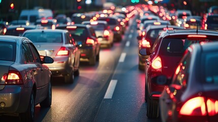 Fototapeta premium Evening traffic showing a sea of vehicles with tail lights on a busy city road, capturing the busy nature of urban life and transportation