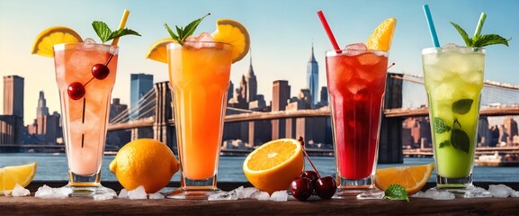 Alkohol cocktails in glasses against bridge city