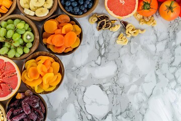 colorful assortment of fresh and dried fruits artfully arranged on a kitchen countertop overhead view with copy space