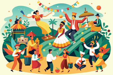 Colorful illustration of a vibrant outdoor festival with diverse people dancing, playing musical instruments, and enjoying various cultural activities.