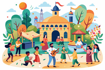 People paying music behind a temple and dancing in festive time illustration