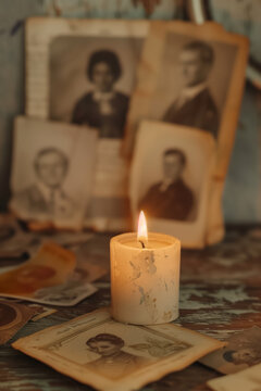 Juneteenth. Candle lit in front of vintage photographs on a table