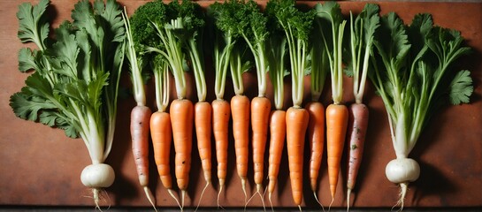 Orange carrots with green leaves. Fresh vegetables background. Top view