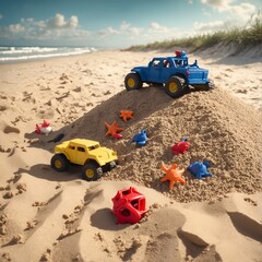 Heap sand with plastic toys at the beach, Summer seaside vacation concept