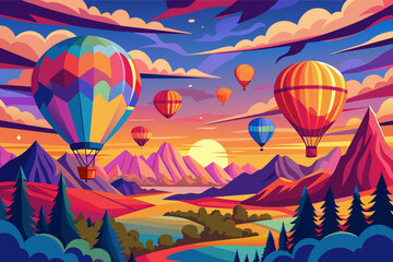 Colorful hot air balloons soaring over a vibrant landscape with mountains, trees, and a sun setting in the background, rendered in a stylized, illustrative manner.