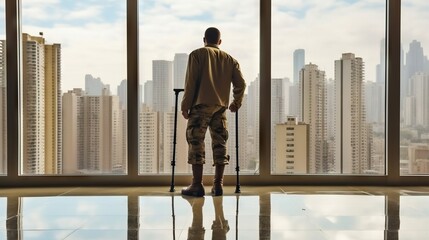 Silhouette of a Soldier With Prosthetic Legs and Crutch Looking Out Over a Cityscape