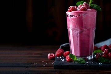 A raspberry milkshake in a tall glass, on a wooden table
