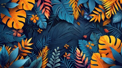 Beautiful tropical wallpaper with palm leaves juicy dark colorful