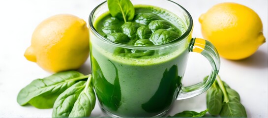 Green spinach smoothie with lemon. Detox, clean diet. Vegetable drink.