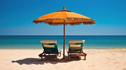 Idyllic Sandy Beach Setup With Deck Chairs Under a Straw Umbrella Overlooking Serene Ocean