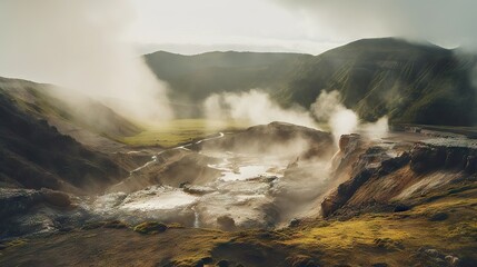 Dramatic View of a Lush Geothermal Area with Steaming Vents and Rugged Terrain
