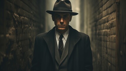 Mysterious Man in Fedorа and Suit Poses in Foggy Alley, Vintage Film Noir Style