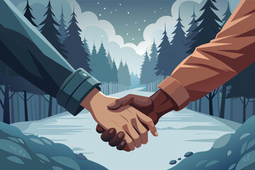 Illustration of two hands shaking in the foreground, with a snowy forest landscape and starry sky in the background.