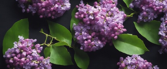 Lilac blossom purple flowers with green leaves on dark background.