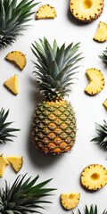 Pineapple fruits with crown on white. Food background. Top view