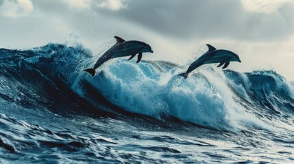 Three beautiful dolphins jumping over breaking waves. Hawaii Pacific Ocean wildlife scenery. Marine animals in natural habitat.