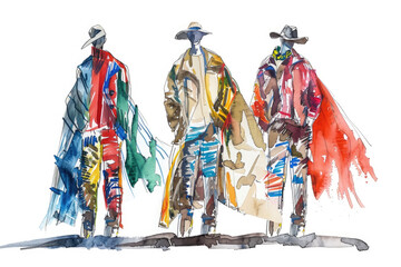 A drawing depicting three men dressed in vibrant and colorful clothing