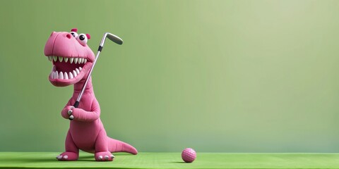 Pink Dino playing golf, copy space, green background 