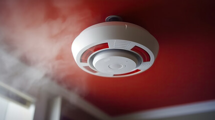 Active Smoke Detector on Ceiling Emitting Smoke in Residential Setting