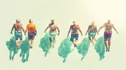 A colorful, artistic rendering captures the dynamic movement and energy of a group of runners mid-stride